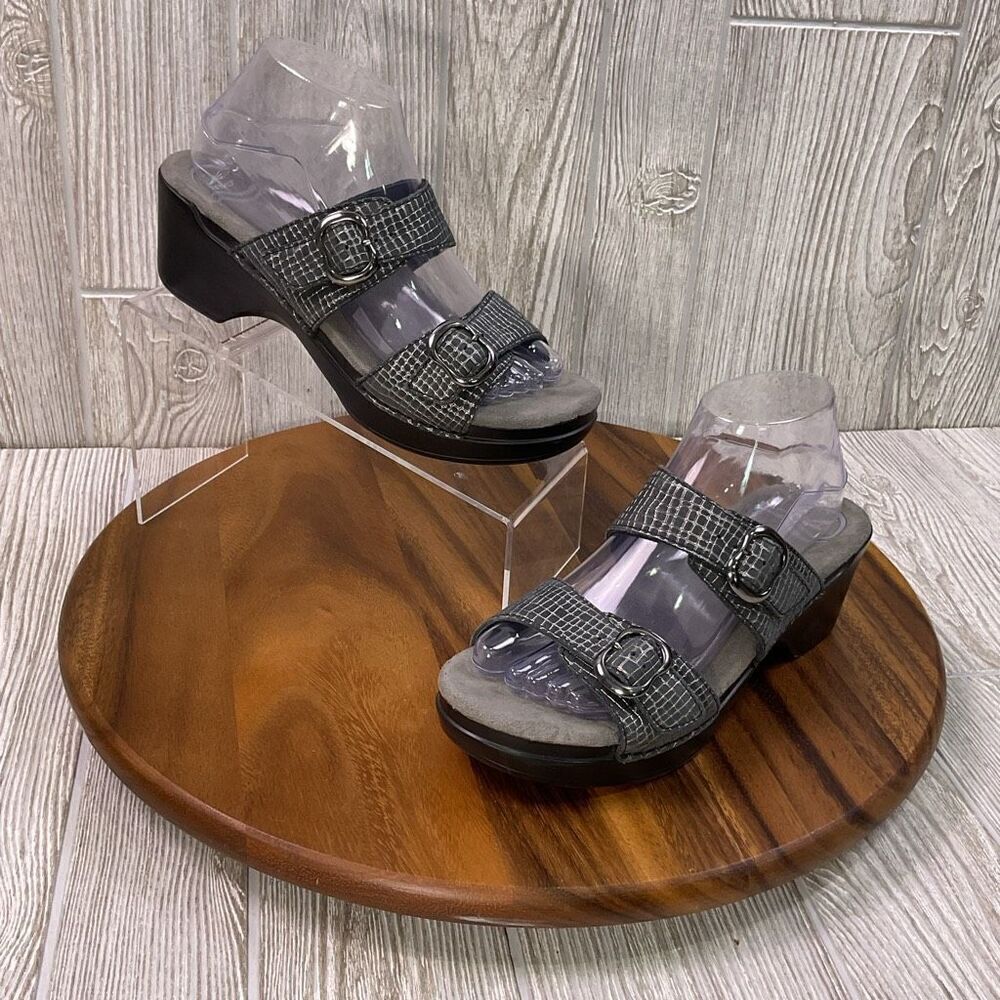 Dansko Women's EU 40 US 10 Leather Snake Print Wedge Open Toe Sandals Grey Black